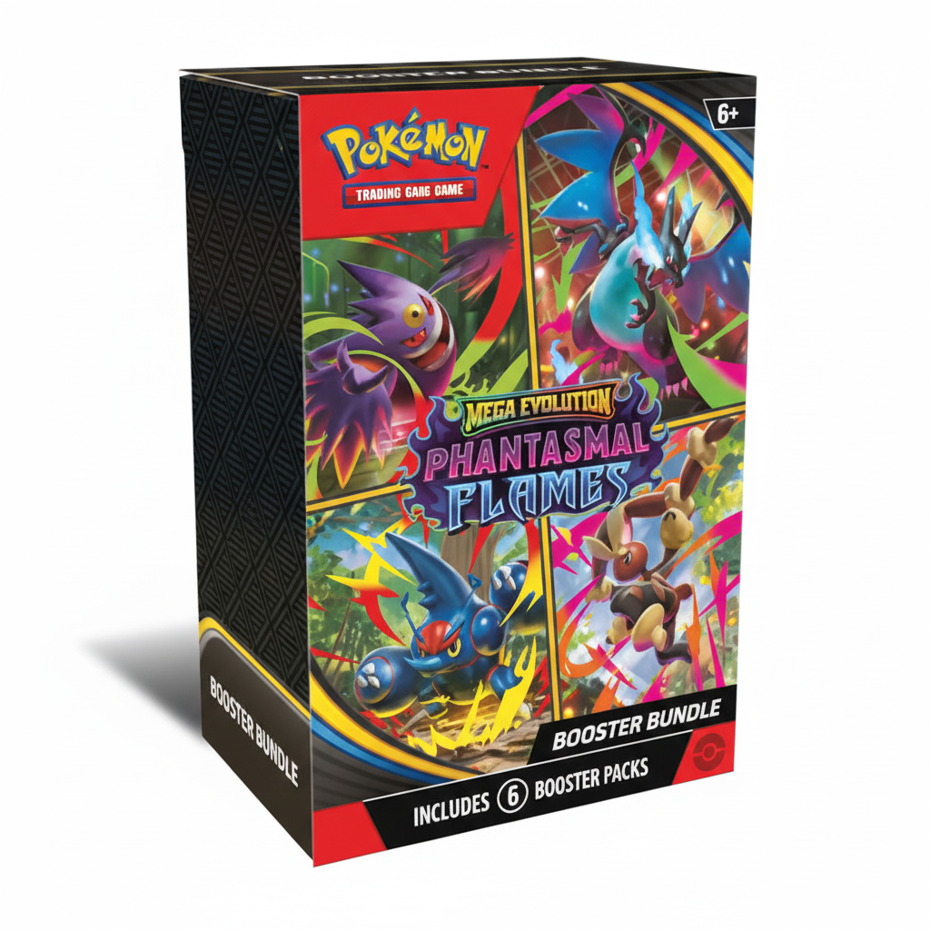 Pokémon TCG Mega Evolution Phantasmal Flames Booster Bundle – fondo blanco